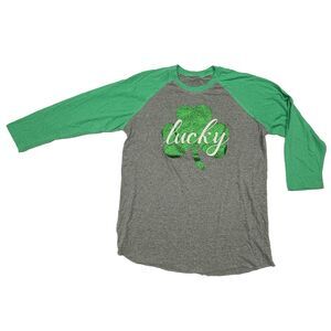 SoRock St. Patrick's Shirt Green Glitter Lucky Shamrock 3/4 Sleeve Women's Sz. M